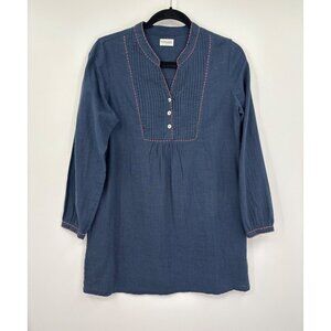 Nomads Pintucked Tunic Henley Top Pockets Boho Peasant Cotton Navy Blue Size 8